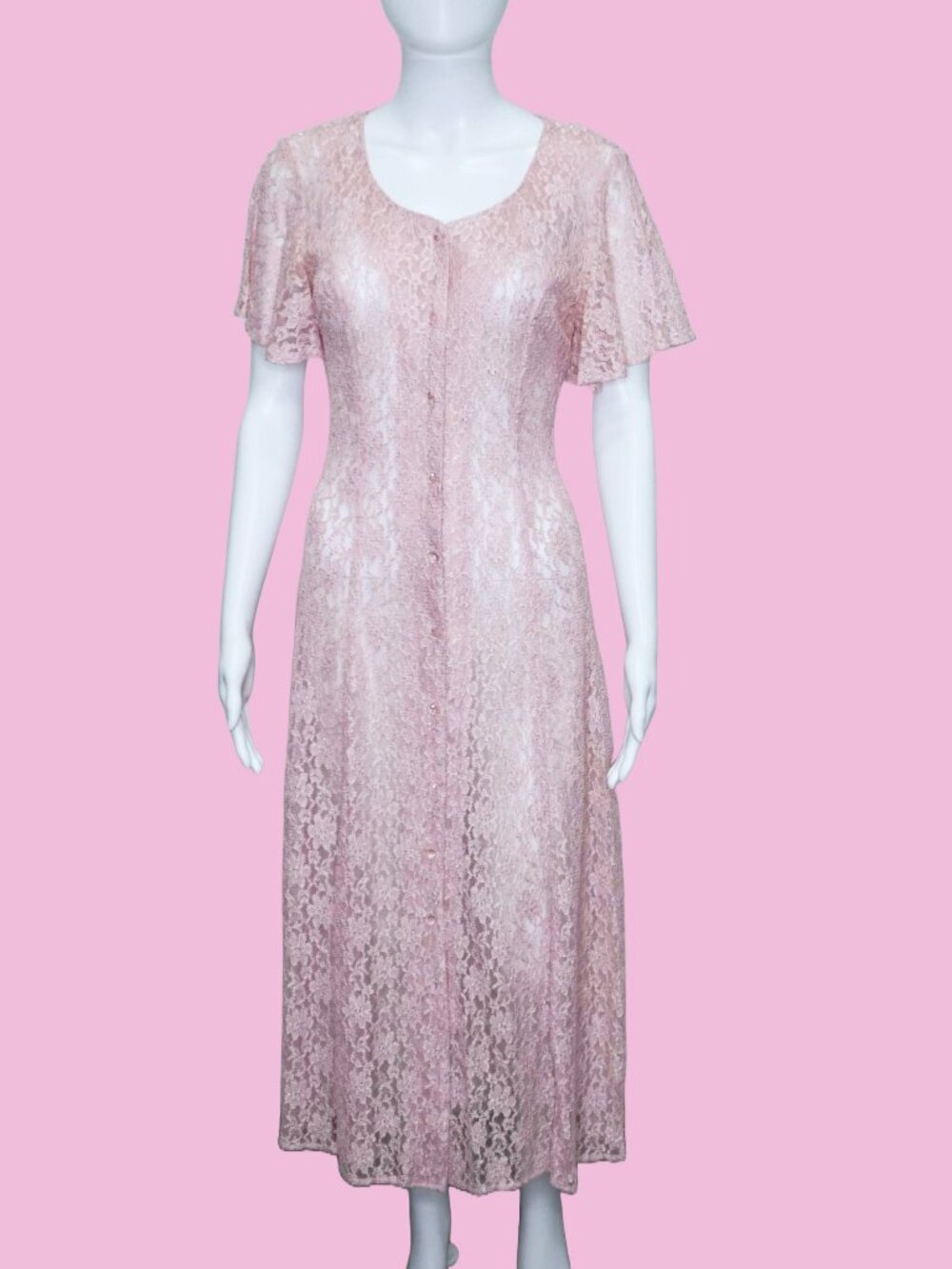 1990s ALL THAT JAZZ Semi Sheer Lace Button Up Dress W/Flutter Sleeves. Small
